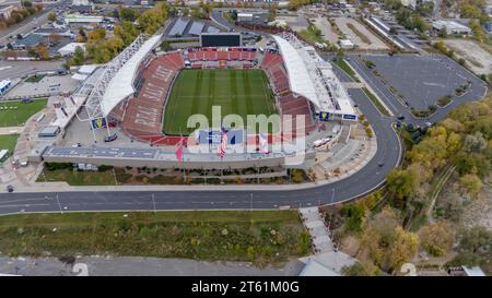 Sandy, UT, USA. November 2023. Luftaufnahme des America First Fields, Heimstadion des Real Salt Lake und des National Women's Soccer League Club, Utah Royals FC. (Credit Image: © Walter G Arce SR/ASP) NUR REDAKTIONELLE VERWENDUNG! Nicht für kommerzielle ZWECKE! Stockfoto