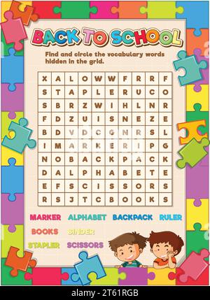 In einem lustigen und lehrreichen Puzzlespiel zur Wortsuche lernen Sie Englisch Stock Vektor