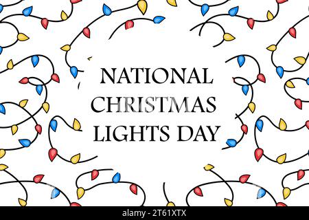 Nationaler Weihnachtslichttag. Runder Rahmen mit Girlanden-Glühlampen. Dezember: Vektorabwicklungsdarstellung. Stock Vektor