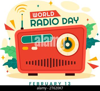 World Radio Day Vektor Illustration am 13. Februar für Kommunikationsmedien verwendet und hörendes Publikum in Flat Cartoon Hintergrund Design Stock Vektor