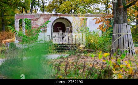 03. November 2023, Niedersachsen, Lüneburg: Die Überreste der ehemaligen Möllering Villa stehen auf einem Grundstück. Im historischen Waldhaus bei Lüneburg wird das geplante Dokumentationszentrum nicht untergebracht sein. Künftig sollte das Anwesen dazu genutzt werden, an die Tatsache zu erinnern, dass hier 1945 die Kapitulation Norddeutschlands ausgehandelt wurde. (Zu dpa "Historisches Projekt in Möllering Villa in Lüneburg am Rande des Zusammenbruchs") Foto: Philipp Schulze/dpa Stockfoto