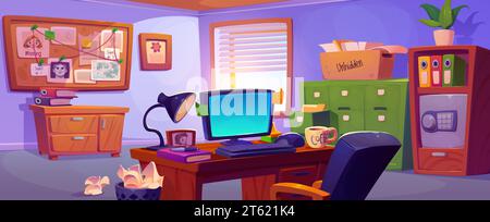 Detektivraum mit Möbeln und Ausrüstung - Schreibtisch mit pc und Stuhl, Untersuchungskarte auf Pinnwand an der Wand, Rack mit Archivdokumenten und Safe. Cartoon-Polizeiamt und Kriminalamt. Stock Vektor