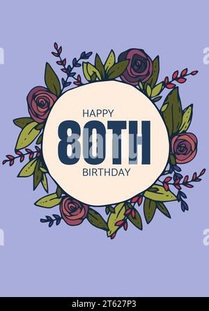 Happy 80th Birthday Text auf weißem Kreis verziert mit Blumen und Blättern auf blauem Hintergrund Stockfoto