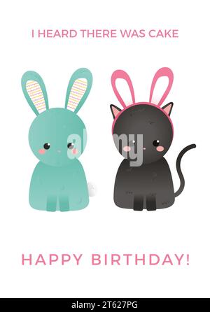 Ich habe gehört, es gab Kuchen, Happy Birthday Text in Pink mit Kaninchen und Katze mit Kaninchenohren auf weiß Stockfoto