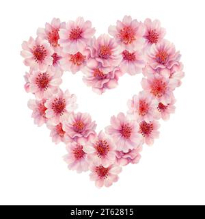 Aquarell rosa Herz aus Kirschblüten Blumen für Design der Grenze, Rahmen, Banner, Hochzeit, Geburtstag, Geburtstag, Einladung zum Valentinstag. Stockfoto