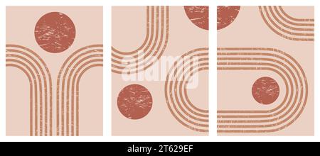 Abstrakte geometrische Formen der Boho-Linienkunst. Moderner grafischer Hintergrund mit minimalem Bogen und Kreisen. Einfache, organisch strukturierte Illustration. Retro-Zen Stock Vektor