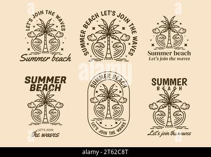 Sommerstrand, lasst uns die Wellen tanzen. Vintage-Strichkunst-Illustration von Kokospalmen und Wellen Stock Vektor