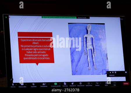 Mexiko-Stadt, Mexiko. November 2023. 7. November 2023, Mexico City, Mexiko: Bilder von nicht-menschlichen Körpern, die von Spezialisten für das UFO-Phänomen untersucht wurden, wurden bei der zweiten öffentlichen Anhörung in Mexiko-Stadt über unidentifizierte anomale Phänomene in der Abgeordnetenkammer in Mexiko-Stadt gezeigt. Am 7. November 2023 in Mexiko-Stadt, Mexiko (Foto: Luis Barron/Eyepix Group/SIPA USA). Quelle: SIPA USA/Alamy Live News Stockfoto