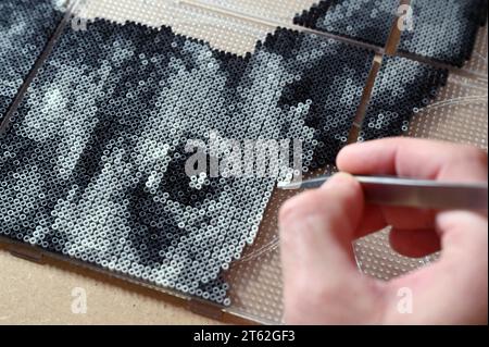 Pforzheim, Deutschland. November 2023. Oliver Lemke kreiert ein Hundeporträt aus aufbügelbaren Perlen in seiner Wohnung. Quelle: Uli Deck/dpa/Alamy Live News Stockfoto