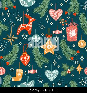 Nahtloses Muster mit Doodle-Elementen Hirsche, Geschenke, Weihnachtskugeln, Funken. Feiertagselemente auf grünem Hintergrund. Vektorabbildung. Winterverpackung Stock Vektor