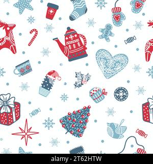 Nahtloses Muster mit Doodle-Elementen Geschenken, Weihnachtsbaum, Schnee, Kakteen. Feiertagselemente auf weißem Hintergrund. Vektorabbildung. Winter Backgro Stock Vektor