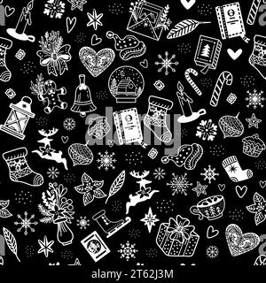 Nahtloses Muster mit Doodle-Elementen, Hirschen, Geschenken, Weihnachtsbällen, Schnee. Feiertagselemente auf schwarzem Hintergrund. Vektorabbildung. Winter Backgro Stock Vektor
