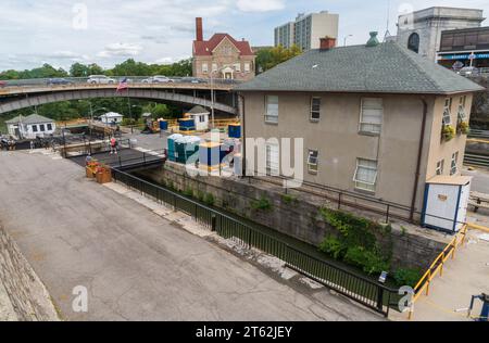 Historische Erie Canal „Flight of Five“ kombinierte Schleusen, Lockport New York Stockfoto