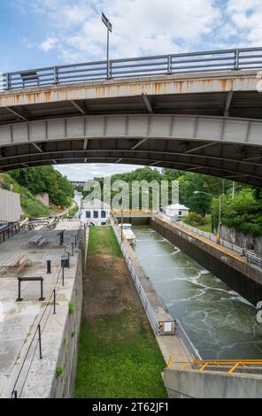 Historische Erie Canal „Flight of Five“ kombinierte Schleusen, Lockport New York Stockfoto