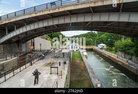 Historische Erie Canal „Flight of Five“ kombinierte Schleusen, Lockport New York Stockfoto