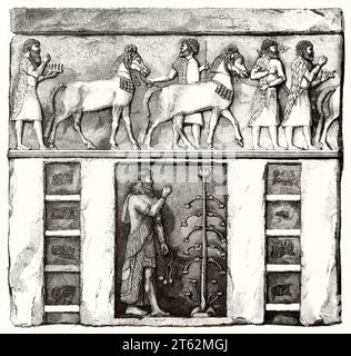 Alte gravierte Reproduktion des assyrischen Basreliefs im Louvre-Museum. Von Marvy und Gauchard, Publ. Auf Magasin Pittoresque, Paris, 1849 Stockfoto