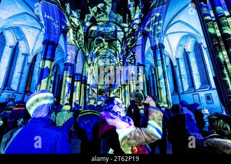 Salisbury Cathedral, Salisbury, Wiltshire, Großbritannien. November 2023. Das Innere der Kathedrale von Salisbury wird unter den Sternen von Sarum Lights beleuchtet: Illuminating Art, ein spektakuläres Licht und Klang von Luxmuralis, die Kunst über die Jahrhunderte erforscht. Die Veranstaltung findet vom 7. November bis zum 11. November 2023 statt. Quelle: Tom Corban/Alamy Live News Stockfoto