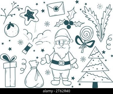 Handgezeichnetes Weihnachtsset. Niedliche Neujahrselemente im Sketch-Stil. Linie Illustration Clip Art Tinte Kollektion Feiertag- und Winterferien Stock Vektor