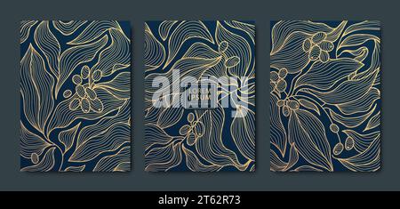 Vektor-Art-Deco, luxuriöse goldene Blumenabdeckungen. Linie Blätter und Kaffeebohnen im japanischen Stil, natürliche Texturmuster, Cover, Flyervorlagen. Elegant Stock Vektor