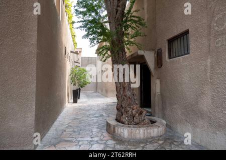 Blick auf enge, saubere Gassen zwischen traditionellen Steinhäusern in der Altstadt Souk Madinat Jumeirah, Al Fahidi, Dubai, VAE, Vereinigte Arabische Emirate Stockfoto