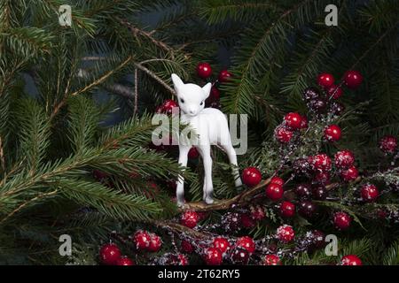 Zusammensetzung eines weissen Rehes im Herzen von Tannenzweigen und eines stechpalmenzweigs mit seinen roten Beeren. Stockfoto