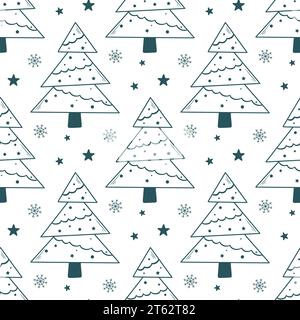 Handgezeichnetes nahtloses Weihnachtsmuster. Niedlicher Urlaubshintergrund mit Tannen, Sternen und Schneeflocken im Sketch-Stil. Tinte Neujahrsdruck Stock Vektor