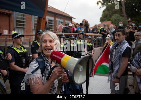 November 2023, Melbourne, Australien. Sue Bolton, Rätin der Sozialistischen Allianz, spricht mit propalästinensischen Aktivisten, während sie vor dem Rathaus von Coburg eine Kundgebung veranstalten, um Mitglieder des Merri-bek-rates zu unterstützen, die erfolgreich über einen Antrag für einen Waffenstillstand in Gaza abgestimmt haben. neben der Bereitstellung von Hilfe für diejenigen, die in dem vom Krieg zerrütteten Gebiet leben, und der Beendigung von ratsverträgen zur Unterstützung des israelischen Militärs. Diese Anträge werden dann an die Bundesregierung weitergeleitet. Quelle: Jay Kogler/Alamy Live News Stockfoto