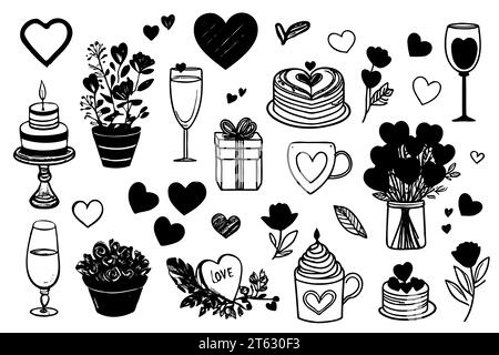 Vektorillustrationen mit Zeichnungen zum valentinstag. Skizzierset handgezeichneter Designelemente für Valentinstag, Geschenkanhänger, Grußkarten. Stock Vektor