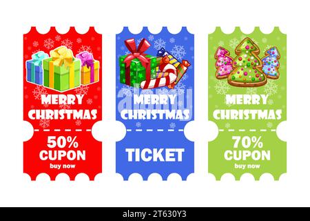 Gutschein-Set Frohe Weihnachten Geschenk im Cartoon-Stil. Vektor-Ticket oder Gutschein. Stock Vektor