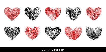 Fingerabdruckherzen, Liebessymbole von Fingerabdruck oder Fingerabdruck im Herzen, Vektor. Hochzeitseinladung oder Hochzeitseinladung, Valentinstag und Liebesherzen mit zwei Fingerabdrücken oder Fingerabdrücken Stock Vektor