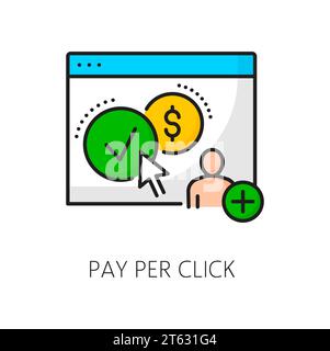 Pay per Click SEM, Suchmaschinenmarketing dünne Linie Symbol der Vektor-PPC-Werbung. Website-Übersicht, goldene Online-Geldmünze mit Dollarsymbol und Pfeilcursor, digitales Marketing, E-Commerce Stock Vektor
