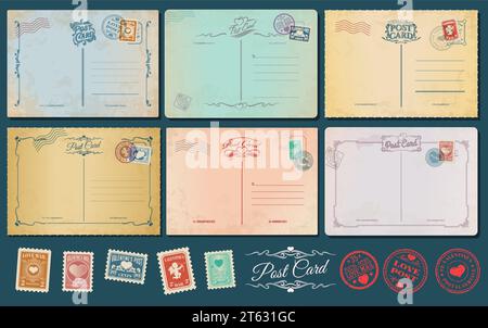 Antike Postkarten zum Valentinstag, Retro-Briefmarken und Vintage-Post. Vektor-Grußkarten-Vorlagen für Feiern. Ich liebe das Postamt. Markierungen mit Cupiden halten Bogen und Pfeile, Herzen Stock Vektor