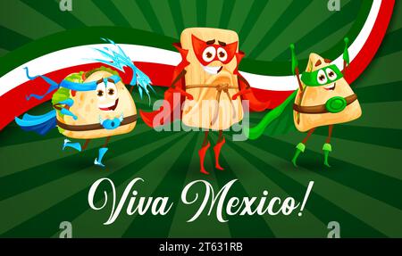 Viva Mexiko Banner mit Zeichentrickfilm Tex Mex Zeichen für mexikanischen Feiertag, Vektor Hintergrund. Mexikanische Küche, lustige Taco, Quesadilla und Tamale in magischen Kostümen von Superhelden oder Guardian Rangers Stock Vektor