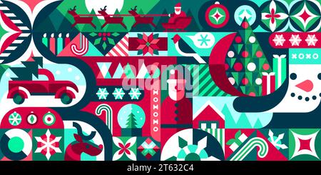Weihnachten Neujahr bauhaus modernes geometrisches Muster. Weihnachtsfeiertag Vektorhintergrund mit Kreis-, Quadrat- und Dreiecksformen Ornament. Abstrakter Weihnachtsbaum, Weihnachtsmann, Geschenke und Schneemann-bauhausmuster Stock Vektor
