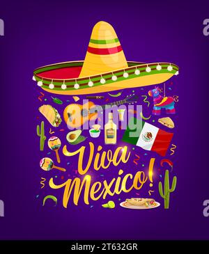 Viva Mexico Banner mit Sombrero, Tex Mex Essen und Flagge. Partyplakat mit Nationalflagge, Mahlzeiten und Tequila, Gitarren- und Maracas-Musikinstrumenten, Typografie mit Viva Mexico-Schriftzug Stock Vektor