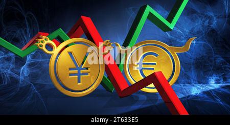 Bullischer eur in eine bärische jpy- oder cny-Währung. Devisenmarkt 3D-Darstellung von Euro in japanischen Yen oder chinesischen Yuan. Geld wird als gol dargestellt Stockfoto