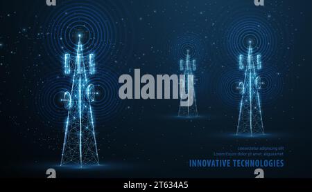 Abstrakter Antennenmast auf blau. 5G-Technologie, Telekommunikationsindustrie Stock Vektor