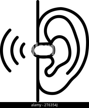 Hörgerät am Ohr, Umrisssymbol. Symbolvektor für Hörgeräte. Lineares Stilzeichen isoliert auf weißem Hintergrund. Stock Vektor
