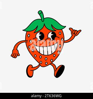 Retro-Stil Cartoon Erdbeerfigur mit Lächeln. Groovige Vintage 70er Jahre Beerenfigur mit lustigem Gesicht, das shaka-Geste zeigt. Stock Vektor