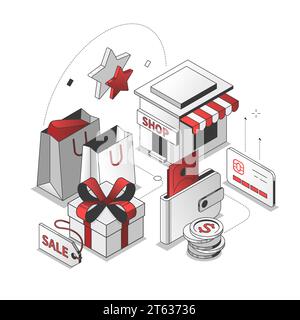 Shopping – isometrische rote und schwarze Linie Stock Vektor