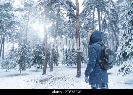 Rückansicht eines Reisenden in einer blauen Jacke mit Pelzhaube und Rucksack vor dem Hintergrund einer Winterlandschaft bei Schneefall Stockfoto