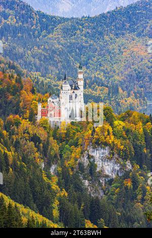 Schloss Neuschwanstein, umgeben von Herbstfarben, in der Nähe der Stadt Füssen, im Allgäu, in Bayern, Süddeutschland. Stockfoto