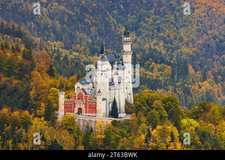 Schloss Neuschwanstein, umgeben von Herbstfarben, in der Nähe der Stadt Füssen, im Allgäu, in Bayern, Süddeutschland. Stockfoto