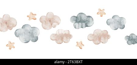 Nahtlose Randmuster von Wasserfarben Wolken und Sternen. Perfekt für Drucke, Verpackungen, Poster, Kleidung, Postkarten, Babydusche, Stoff, Dekor für eine Badewanne Stockfoto