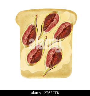 Toast mit Bruschetta und Reifen Feigen, Aquarell-Lebensmittelillustration isoliert auf weißem Hintergrund. Gesundes süßes vegetarisches Frühstück, Sandwich, gesund Stockfoto