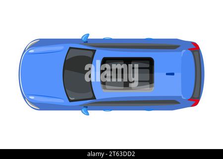 Blaues Auto von oben. Lieferwagen. Limousine-Symbol. Fahrzeug über Kopf. Kleiner suv. Stadtverkehr.Autovermietung oder Versicherung.Stock Vektor Illustration Stock Vektor