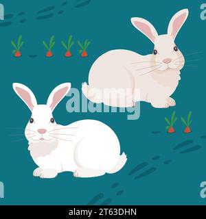 Vektorgrafiken von zwei Kaninchen auf einem Karottenbett. Illustration von weißen und grauen Kaninchen auf einem ozeanfarbenen Hintergrund. Stock Vektor