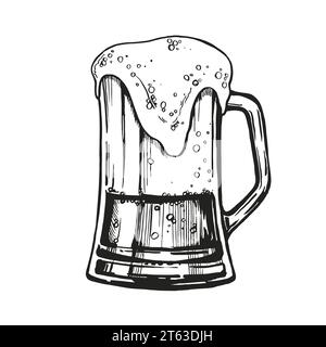 Skizze des Glases Bier, handgezeichnete Vektor-Illustration des Getränks mit viel Schaum, Bierbecher, Kritzelgrafik, schwarz-weiße Farbe, monochrome, für Stock Vektor