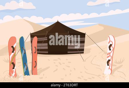Sandboarding Camp in der Wüste. Zelt und Bretter zum Skifahren auf den Dünen. Vektorabbildung. Ein aktiver Sport in heißen Ländern. Stock Vektor