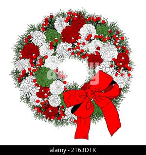 Vektorbild eines Weihnachtskranzes aus grünen Blättern, roten Beeren und Tannenzapfen. Neujahrsstimmung. Universelle Anwendung. Urlaubsdekoration für die d Stock Vektor